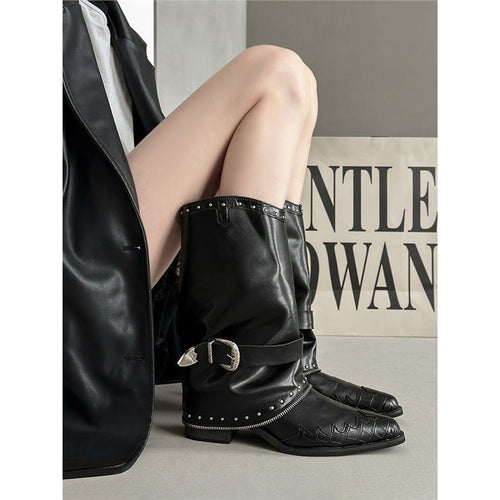Damen Biker‑Western Midcalf‑Stiefel mit Ziernieten, Schnallenriemen und geprägter Zehenkappe Shop Nory