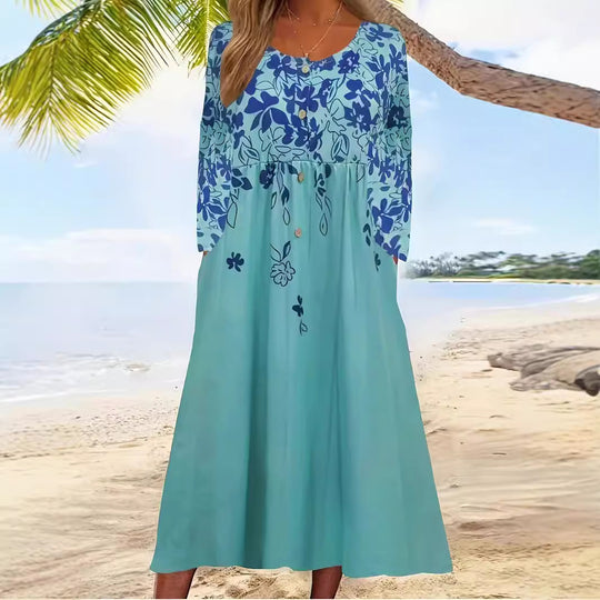 Damen Maxikleid mit V-Ausschnitt, Blumenprint, Knopfleiste und Eingrifftaschen Shop Nory