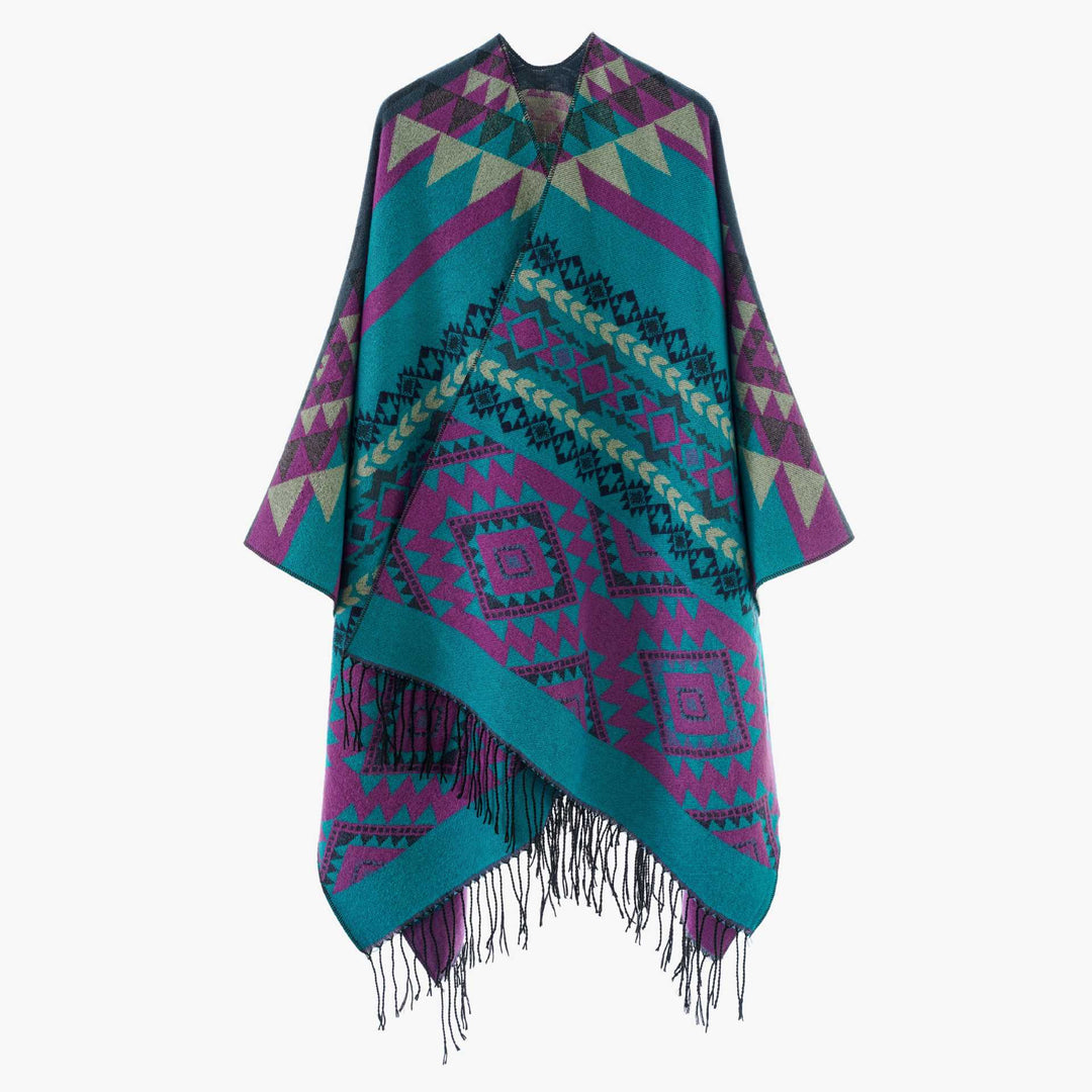 Damen Oversize Jacquard‑Cape im Ethno‑Jacquard mit Fransen Shop Nory