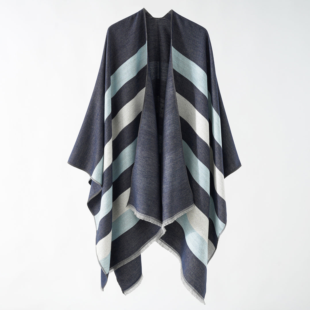 Damen Feiner Wollmix‑Capeüberwurf mit diagonaler Streifenstruktur und Fransensaum Shop Nory