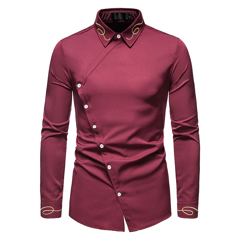 Herren Elegantes Langarmhemd mit asymmetrischem Knopfdesign und gesticktem Kragen