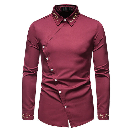 Herren Elegantes Langarmhemd mit asymmetrischem Knopfdesign und gesticktem Kragen