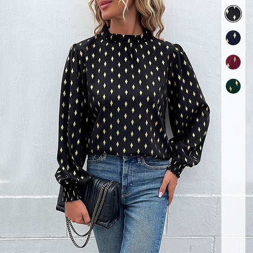 Damen Elegante Rüschen-Stehkragen-Bluse mit Puffärmeln und Smokbündchen Shop Nory