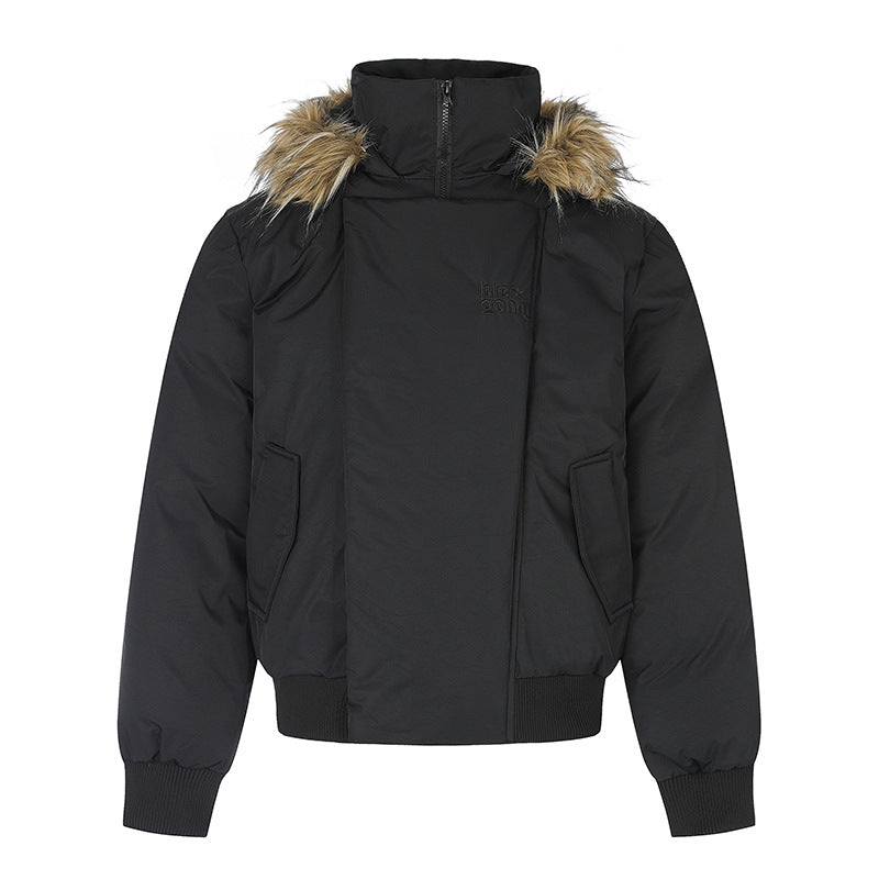 Damen wattierte kurze Bomberjacke mit abnehmbarer Kunstfellkapuze, hohem Stehkragen und Rippbündchen Shop Nory