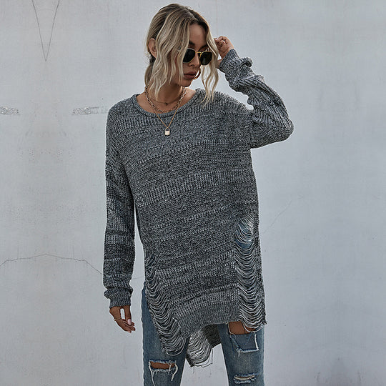 Damen Oversize-Longpullover mit Fransen-Schlitzen und High‑Low-Saum Shop Nory