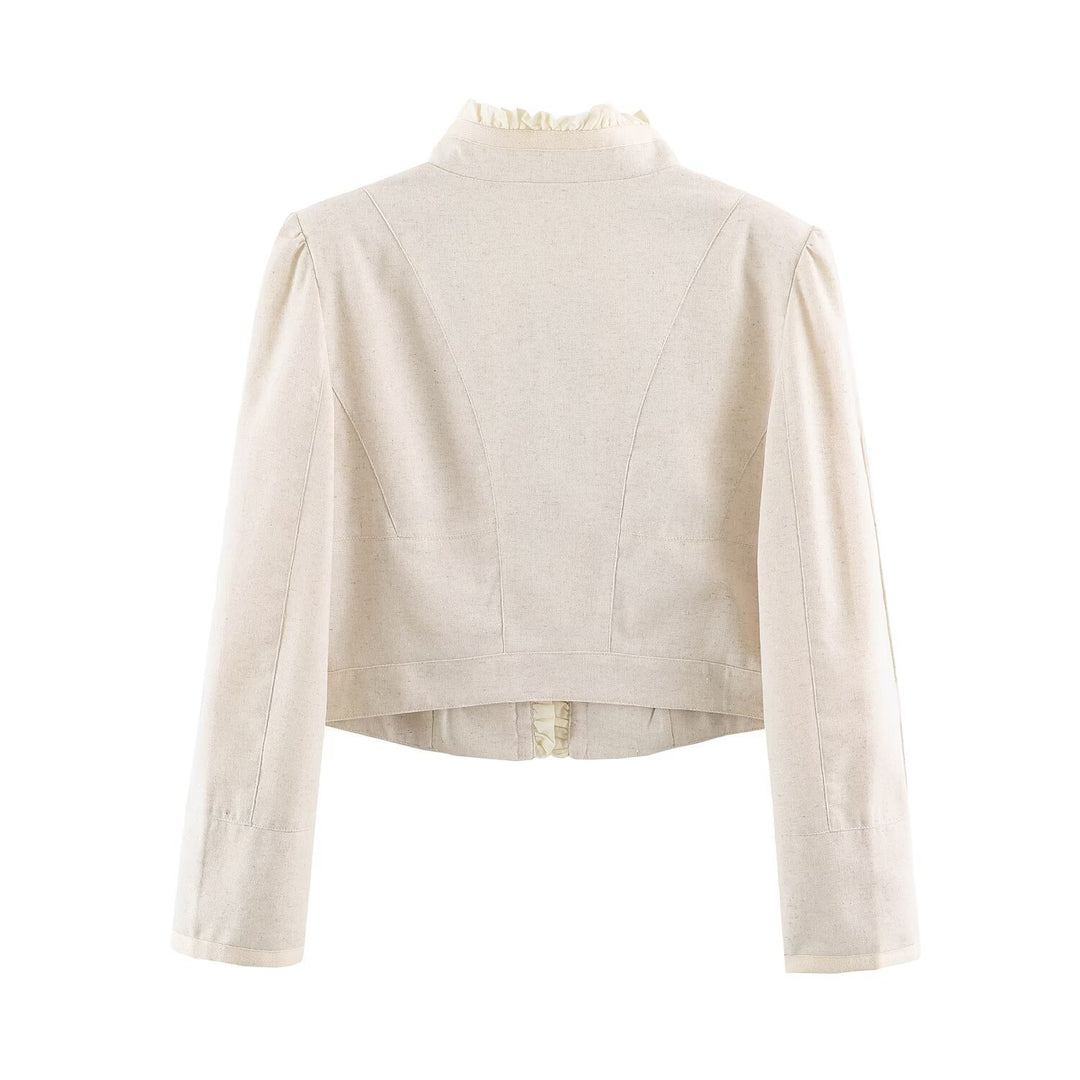 Damen Gekürzte taillierte Jacke mit Stehkragen Rüschenblende und Zierknöpfen Shop Nory
