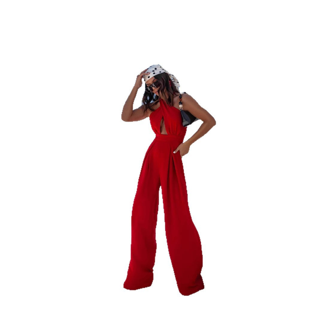 Damen Jumpsuit mit tiefem V-Ausschnitt und weiten Beinen