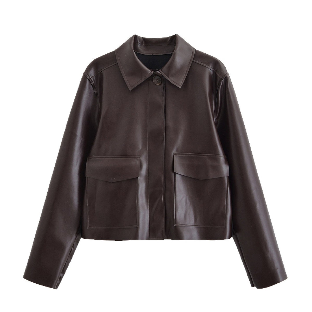 Damen Kurze Boxy-Lederoptikjacke mit Pattentaschen und Hemdkragen Shop Nory