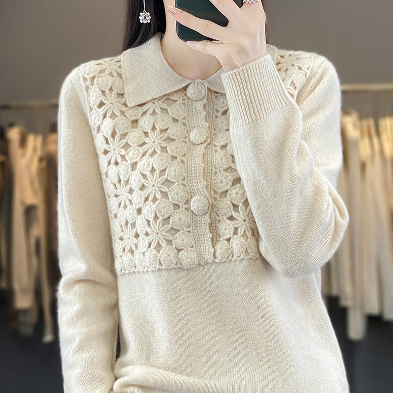 Damen Strickpullover mit gehäkelter Ajour‑Blende und Polokragen Shop Nory