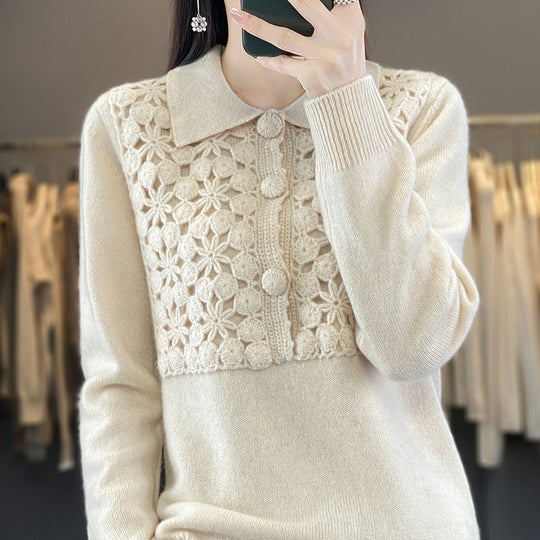 Damen Strickpullover mit gehäkelter Ajour‑Blende und Polokragen Shop Nory