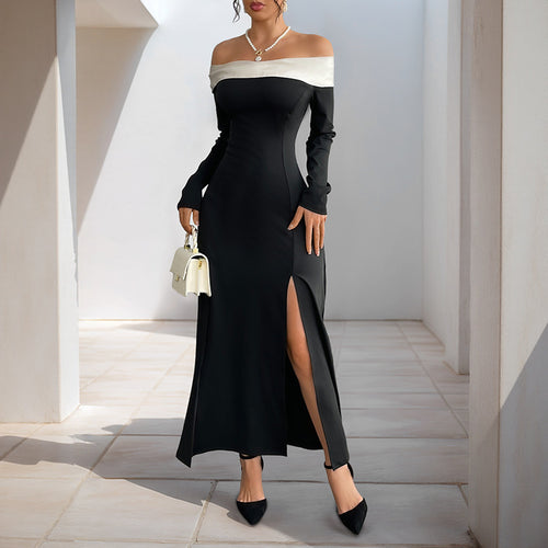Damen Schulterfreies Maxikleid mit langen Ärmeln, hohen Seitenschlitzen und Umschlagkragen Shop Nory