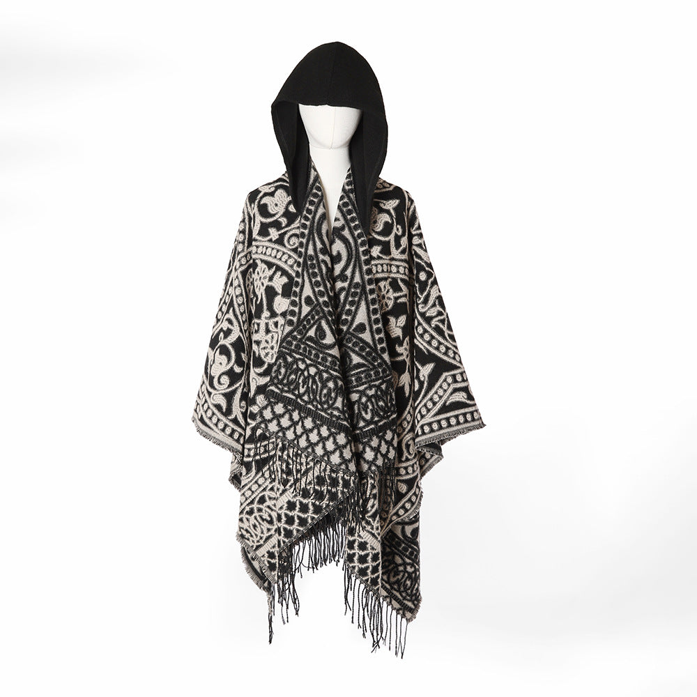 Damen Kapuzen-Ruana aus Wollmix mit Ornament-Jacquard und Fransen Shop Nory