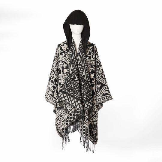 Damen Kapuzen-Ruana aus Wollmix mit Ornament-Jacquard und Fransen Shop Nory