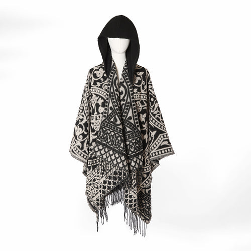 Damen Kapuzen-Ruana aus Wollmix mit Ornament-Jacquard und Fransen Shop Nory