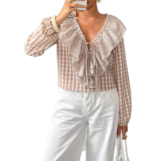 Damen Rüschenbluse mit tiefem V-Ausschnitt und Bindebändern Shop Nory