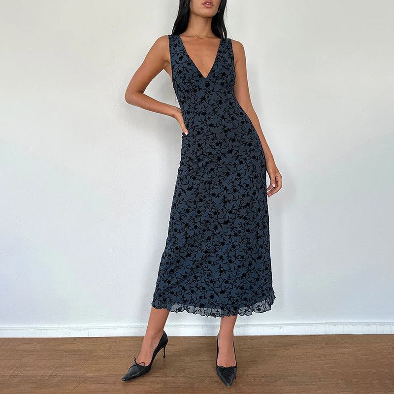 Damen Maxikleid mit floralem Spitzenmuster und tiefem V-Ausschnitt