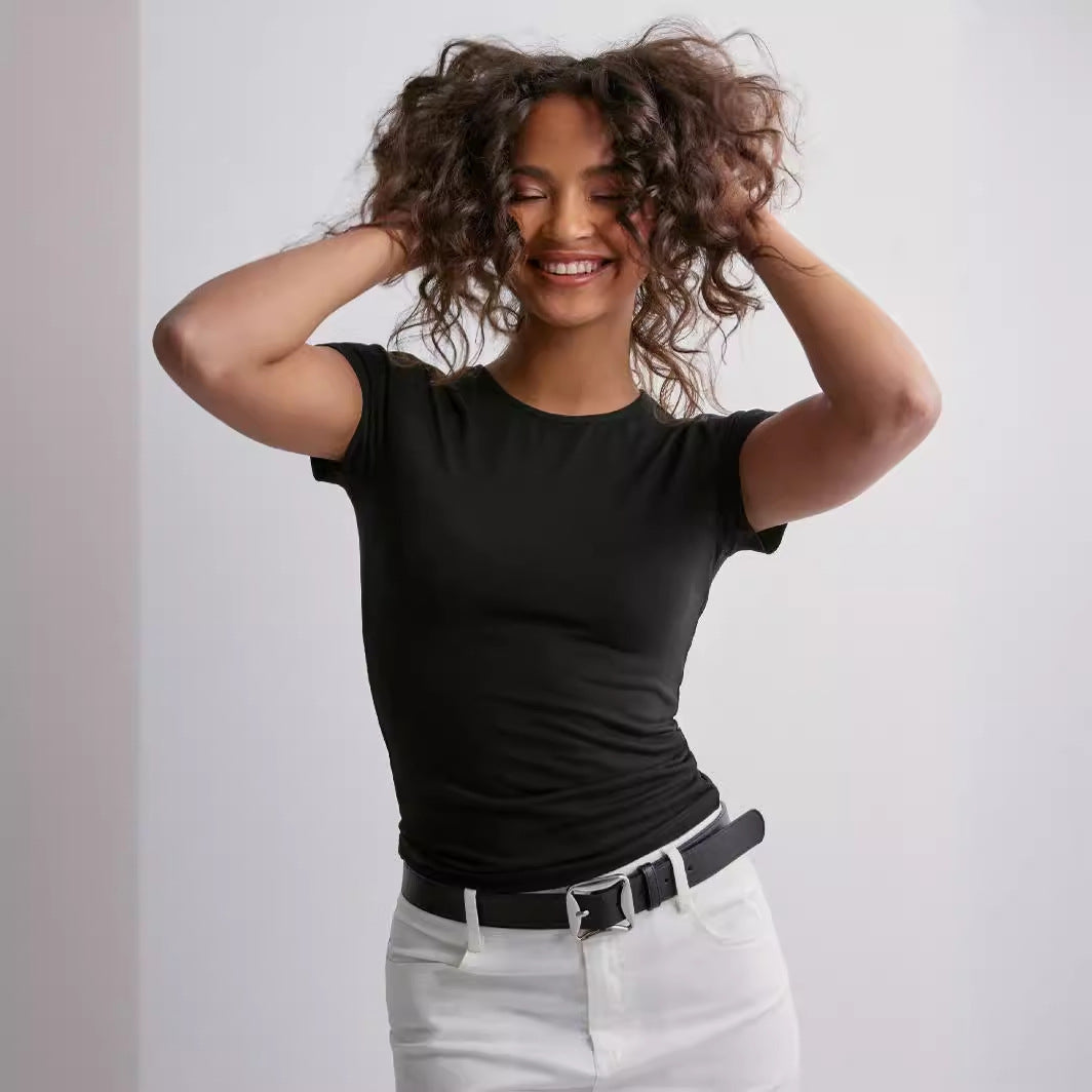 Damen Slim Fit T-Shirt aus hochwertigem Baumwollmix mit elastischem Stretch