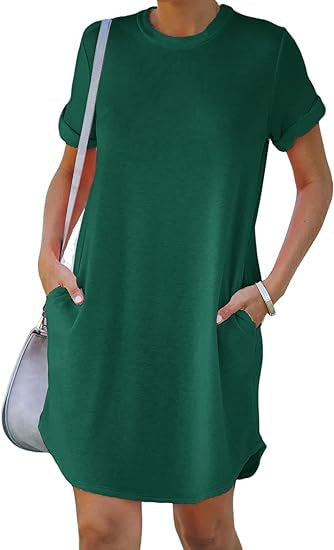 Damen lässiges Freizeitkleid mit Taschen und Rundhalsausschnitt