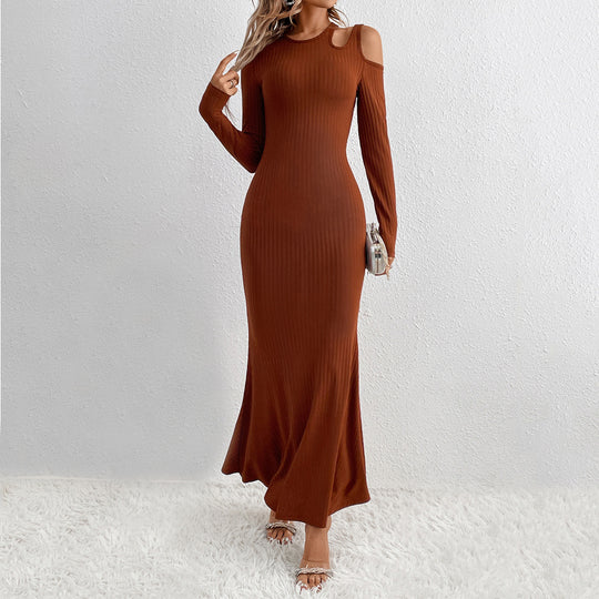 Damen geripptes Meerjungfrauen-Maxikleid mit Cold-Shoulder Cutouts, sculptender Passform und ausgestelltem Saum Shop Nory