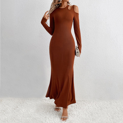 Damen geripptes Meerjungfrauen-Maxikleid mit Cold-Shoulder Cutouts, sculptender Passform und ausgestelltem Saum Shop Nory