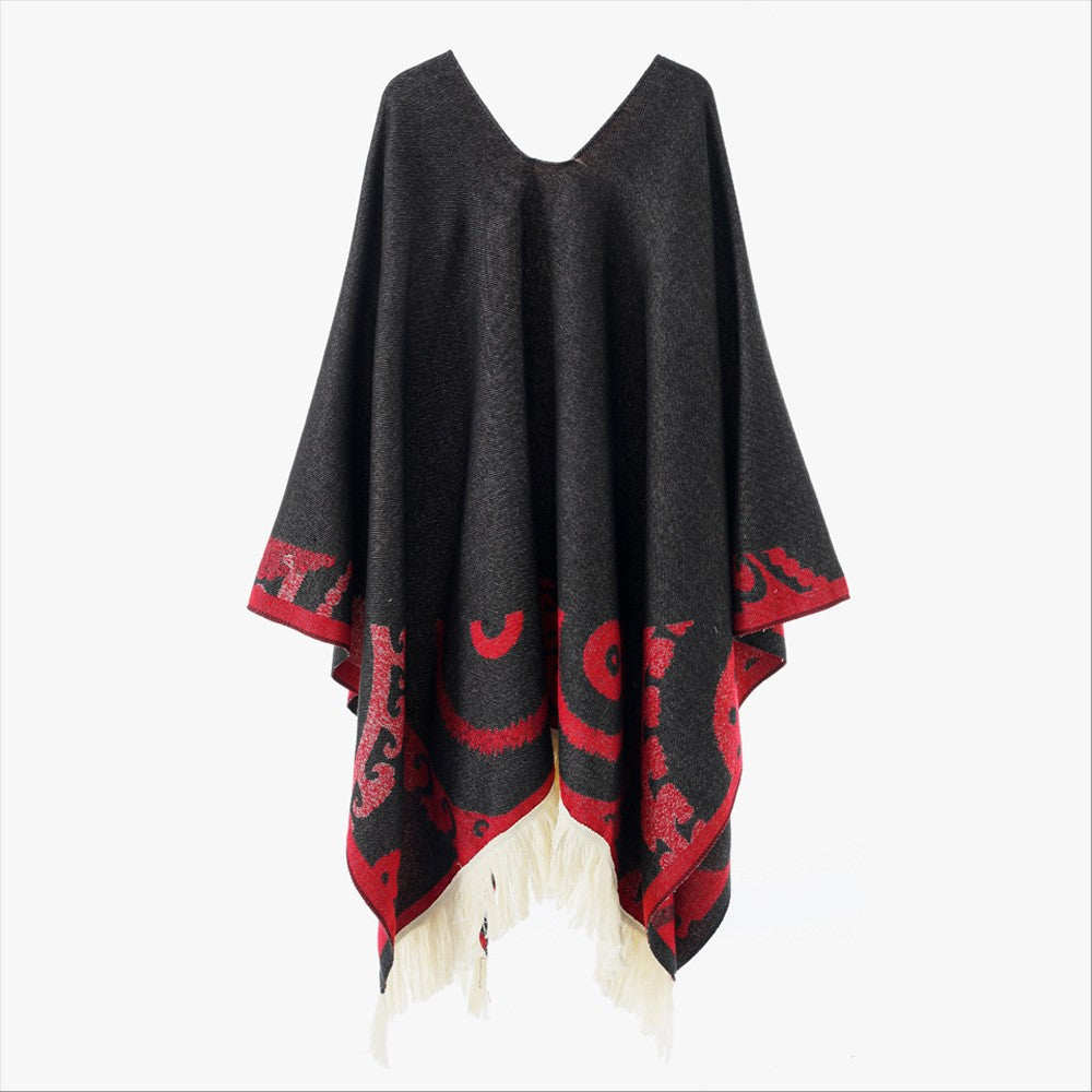 Damen Ornamentaler Jacquard‑Poncho mit V‑Ausschnitt und Fransensaum Shop Nory