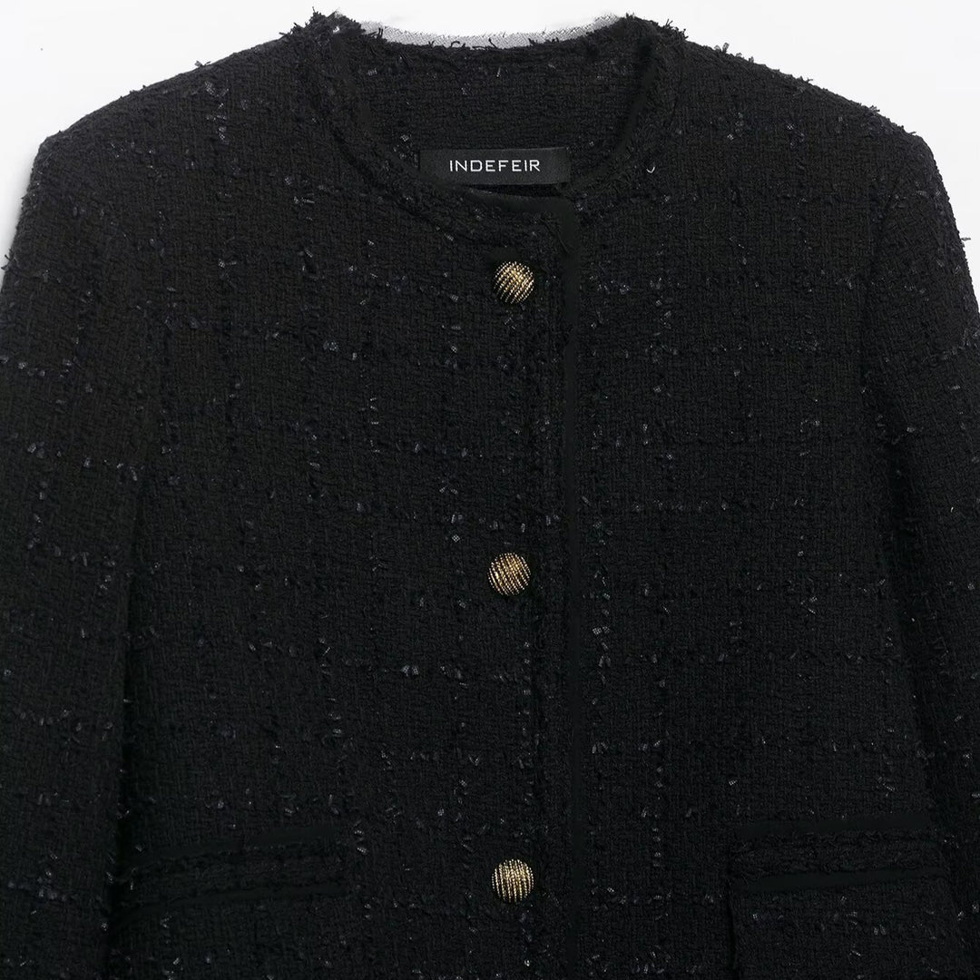 Damen Kurze Bouclé-Tweedjacke ohne Kragen mit goldfarbenen Zierknöpfen Shop Nory