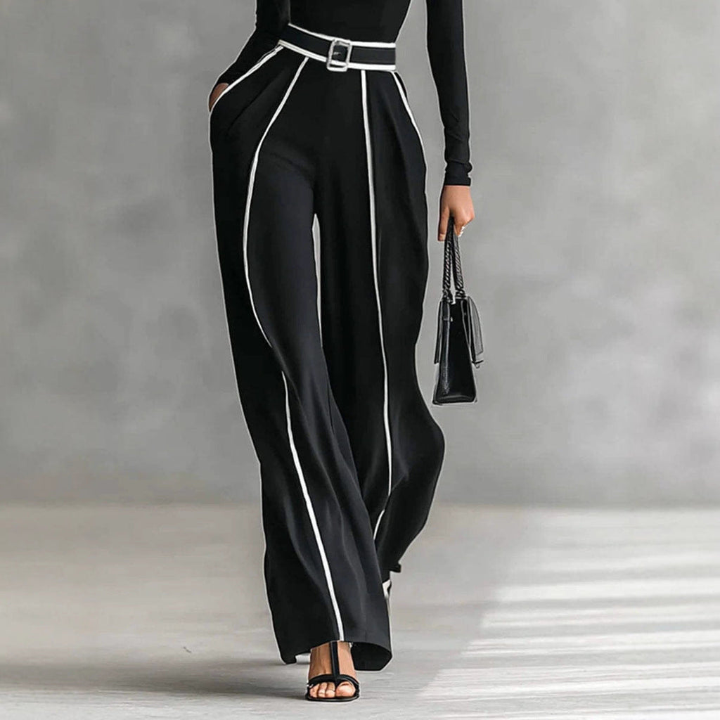 Damen nan elegantes Strickset mit tailliertem Rollkragenoberteil und weiter Plisseehose mit Taillengürtel