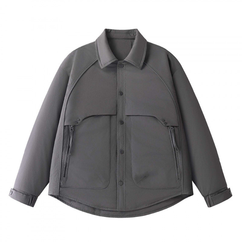 Herren Gepolsterte Hemdjacke mit abgerundetem Saum, Reißverschluss-Taschen und Druckknopf-Leiste Shop Nory