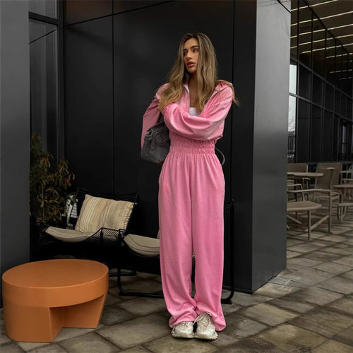 Damen Velours-Overall mit Reißverschluss, elastischem Taillenbund und weitem Palazzo-Bein Shop Nory