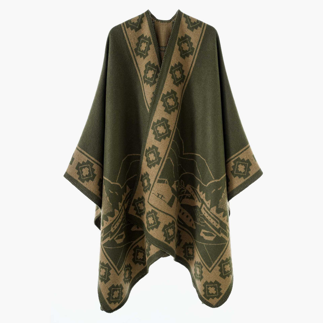 Damen Jacquard‑Strickponcho mit offenem Fall und Bordüren‑Detail Shop Nory