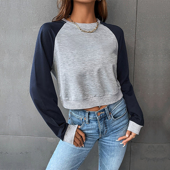 Damen Kurzschnitt-Sweatshirt mit Raglanärmeln und kontrastierenden Ärmeln Shop Nory
