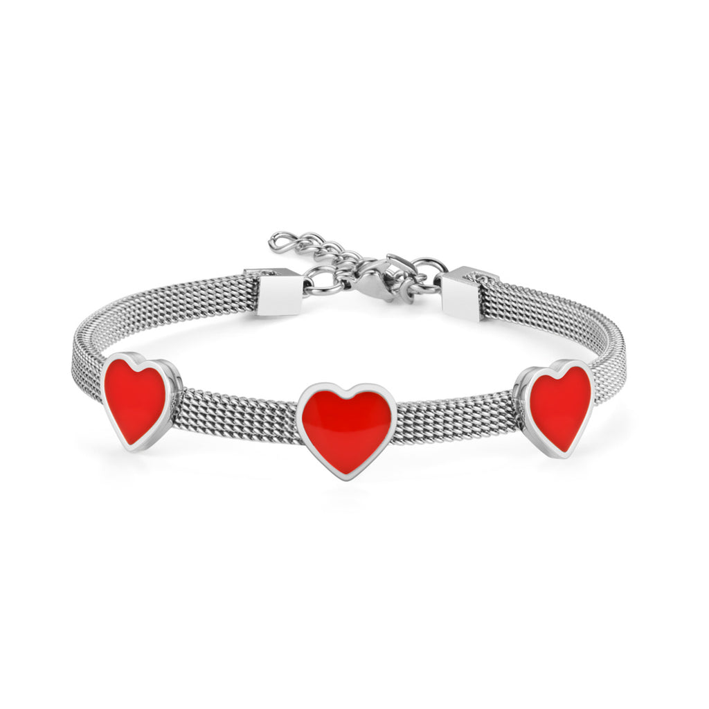 Damen Armband mit roten Herzanhängern und feiner Mesh-Oberfläche Shop Nory