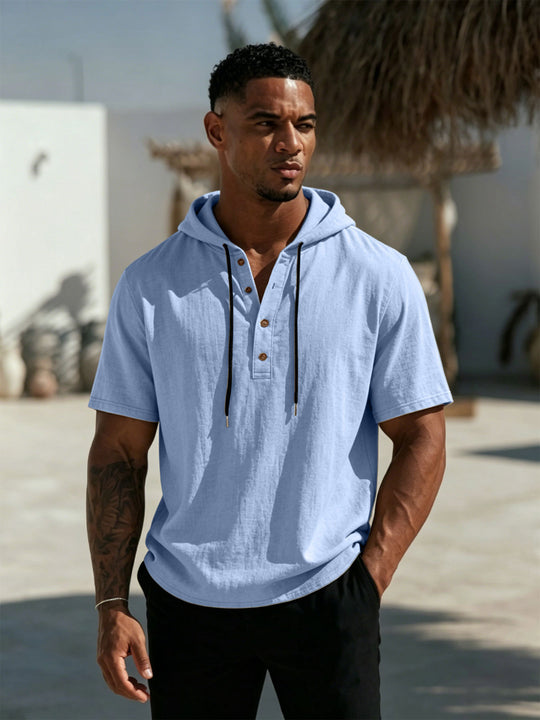 Herren Kurzarm-Hoodie-Henley aus Leinenoptik mit Knopfleiste Shop Nory
