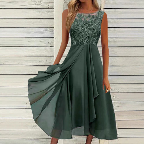 Damen nan ärmelloses Chiffon-Midikleid mit bestickter Illusionsspitze, Schiff-Ausschnitt und mehrlagigem Schwingrock