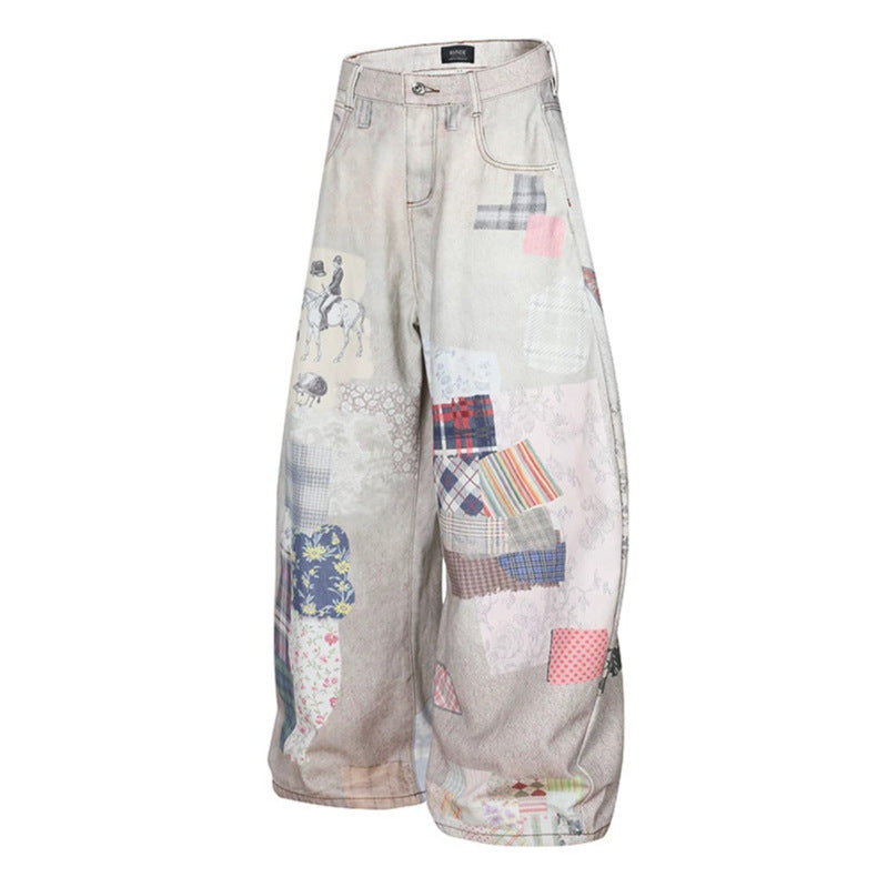 Damen Weite High‑Waist Culotte-Jeans mit Patchwork-Print und Balloon-Silhouette Shop Nory