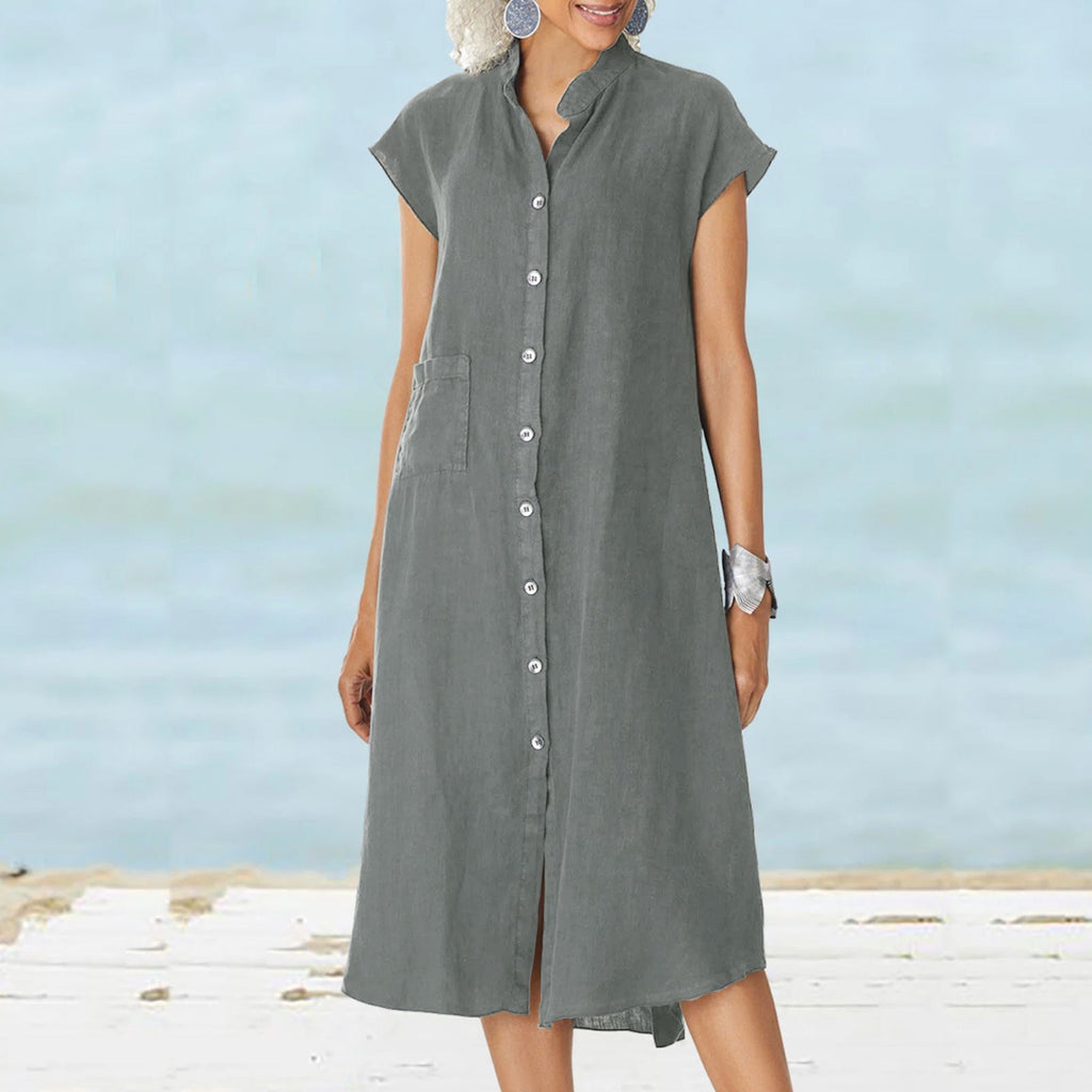 Damen lässiges Midi-Hemdkleid aus Leinen mit Knopfleiste und seitlichen Taschen
