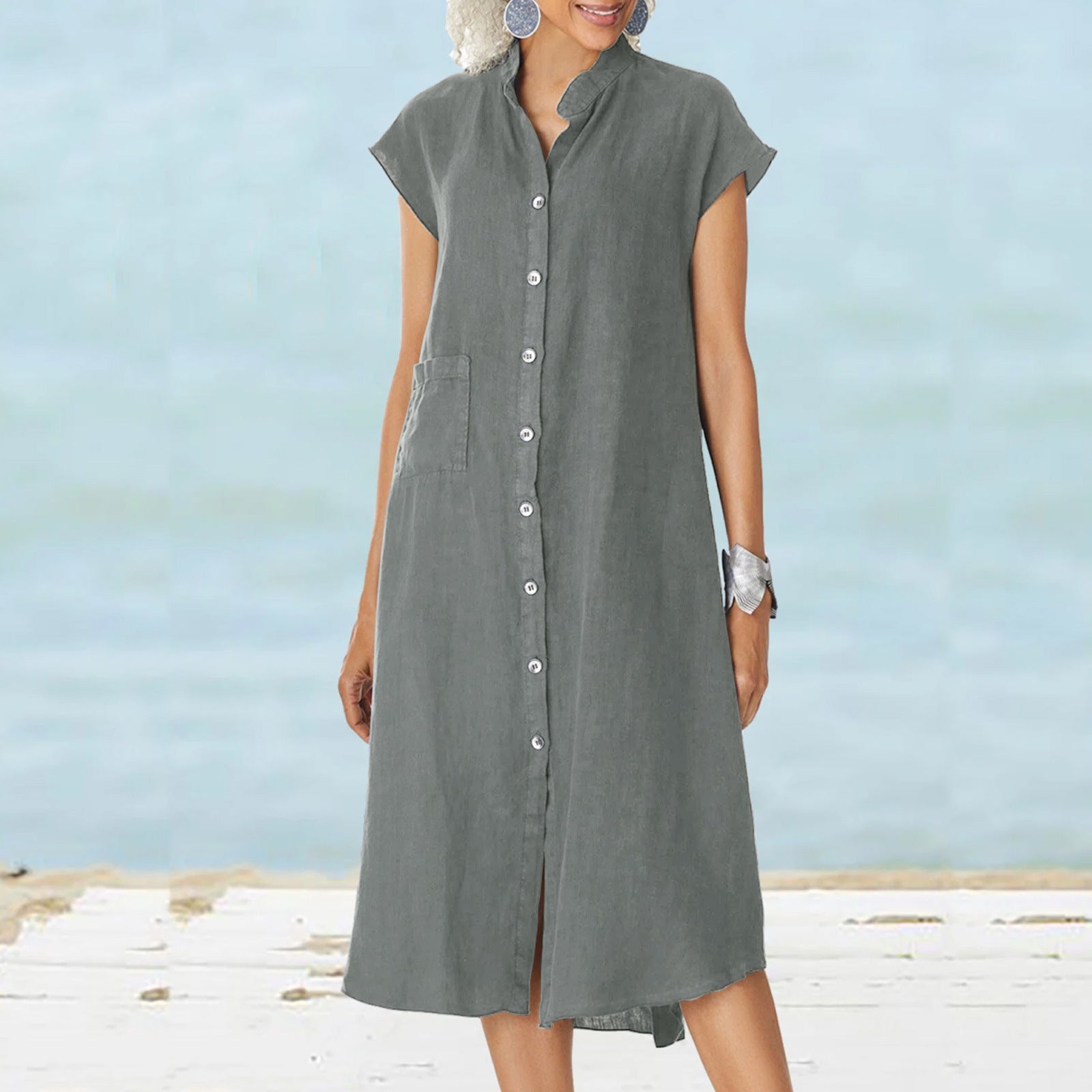 Damen lässiges Midi-Hemdkleid aus Leinen mit Knopfleiste und seitlichen Taschen