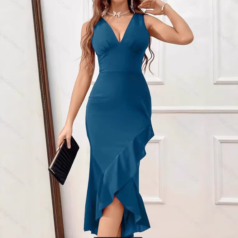Damen Midikleid mit V-Ausschnitt und asymmetrischem Rüschensaum