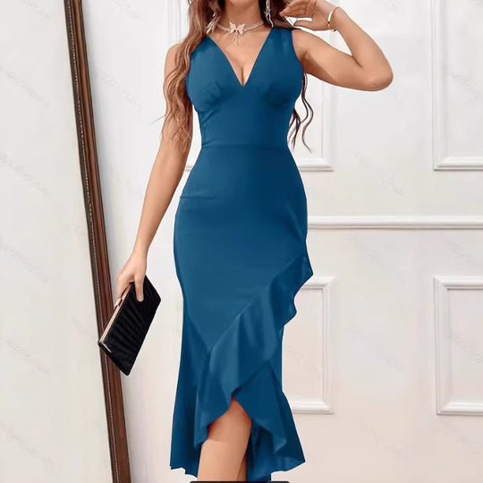 Damen Midikleid mit V-Ausschnitt und asymmetrischem Rüschensaum