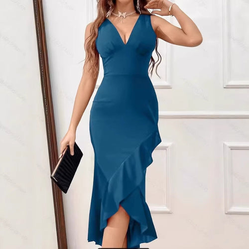 Damen Midikleid mit V-Ausschnitt und asymmetrischem Rüschensaum