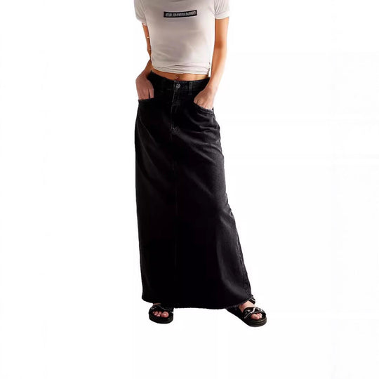 Damen Langer Denim-Rock mit hoher Taille und Taschen