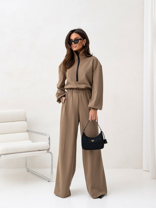 Damen relaxed-fit Zip-Pullover mit elastischem Taillenbund und extraweiter Palazzo-Hose Zweiteiler Shop Nory