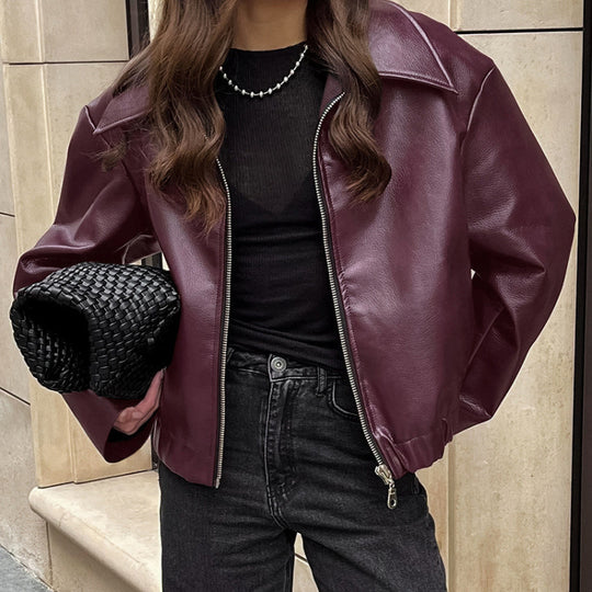 Damen Kunstleder-Blousonjacke mit Reißverschluss, überschnittener Schulter und elastischem Saum Shop Nory