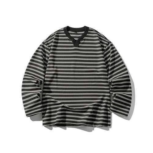 Unisex Gestreiftes Strukturiertes Longsleeve mit Notch-V-Ausschnitt und Rippenstruktur Shop Nory