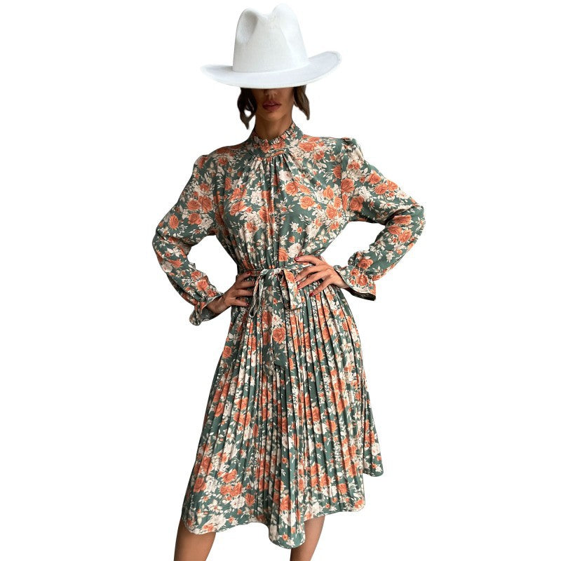 Damen Plissiertes Midikleid mit Rüschenkragen, Bindegürtel und floralem Allover-Print Shop Nory