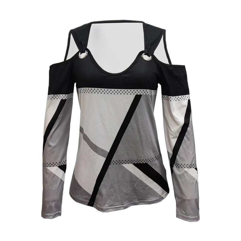 Damen Cold-Shoulder Langarmshirt mit grafischem Blockmuster und Metallring Shop Nory
