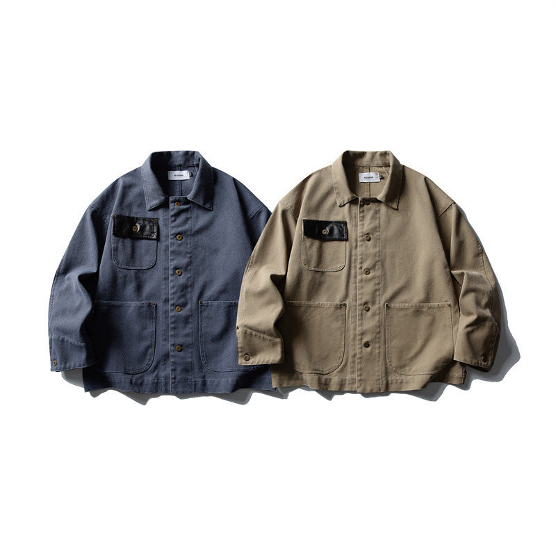 Unisex Boxy-Canvas-Worker-Überhemdjacke mit Lederpatte und aufgesetzten Taschen Shop Nory
