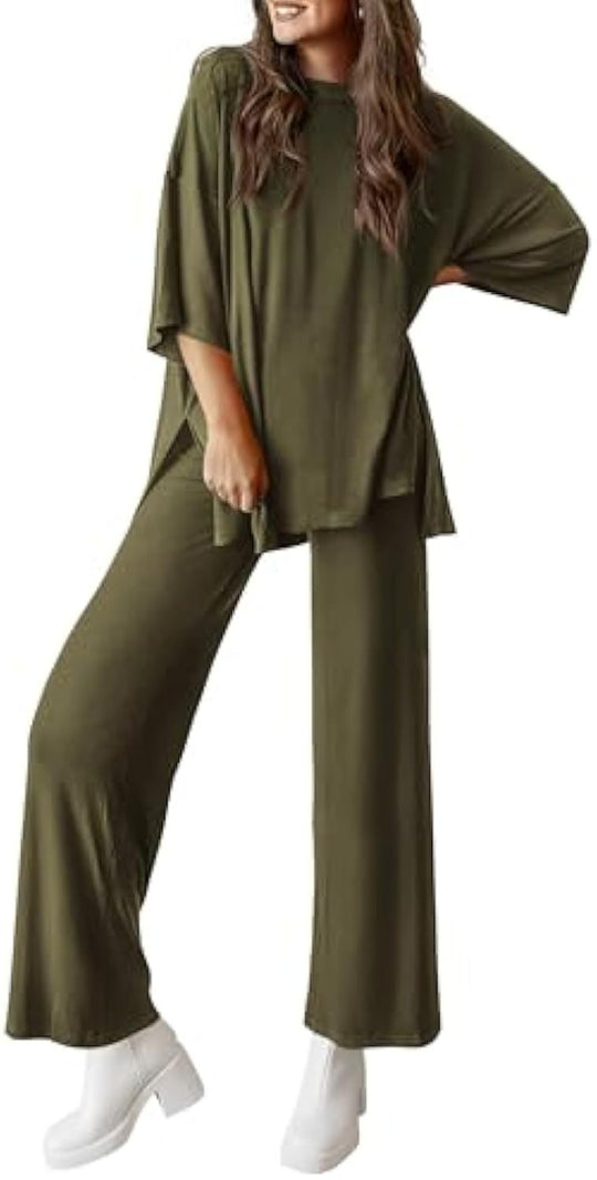 Damen Lässiges Lounge-Set aus weichem Jersey mit Oversize-Tunika und weiter Palazzo-Hose Shop Nory