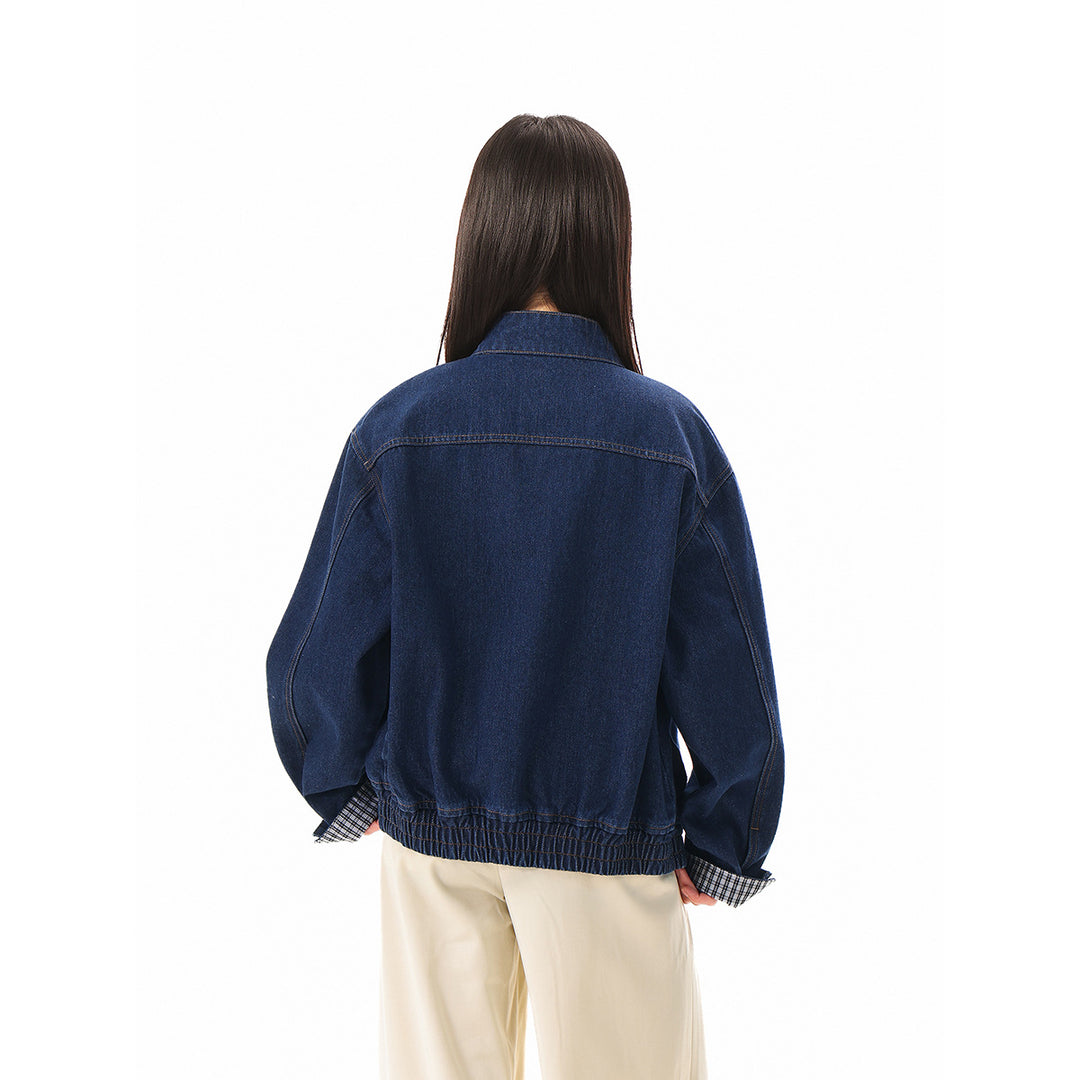 Unisex Boxy-Jeansblousonjacke mit Karo-Futter, Stehkragen und Pattentaschen Shop Nory