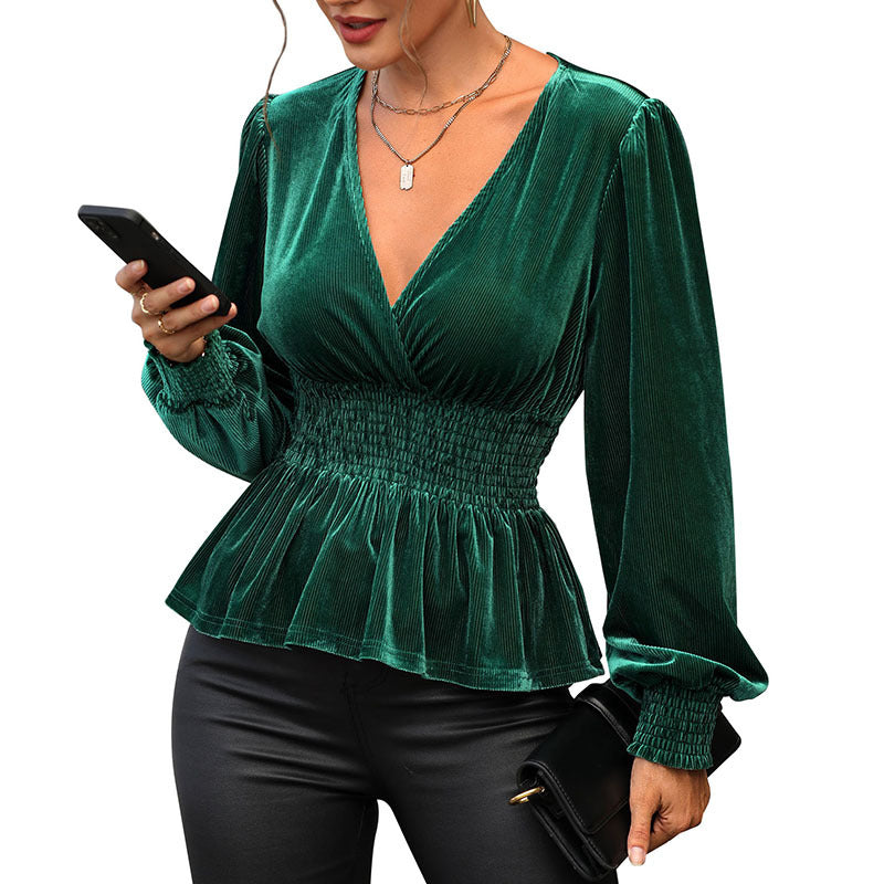 Damen Samt-Peplum-Top mit V-Ausschnitt, Smok-Taillenpartie und Ballonärmeln Shop Nory